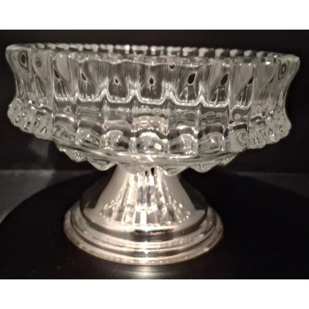 Vintage Diamond Point Glass Dessert Dish with Silver-plate Base